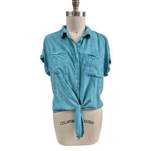 Velvet Heart Los Angeles Tie Waist Blouse Teal Green/Blue Rayon 2 Pockets Sz L
